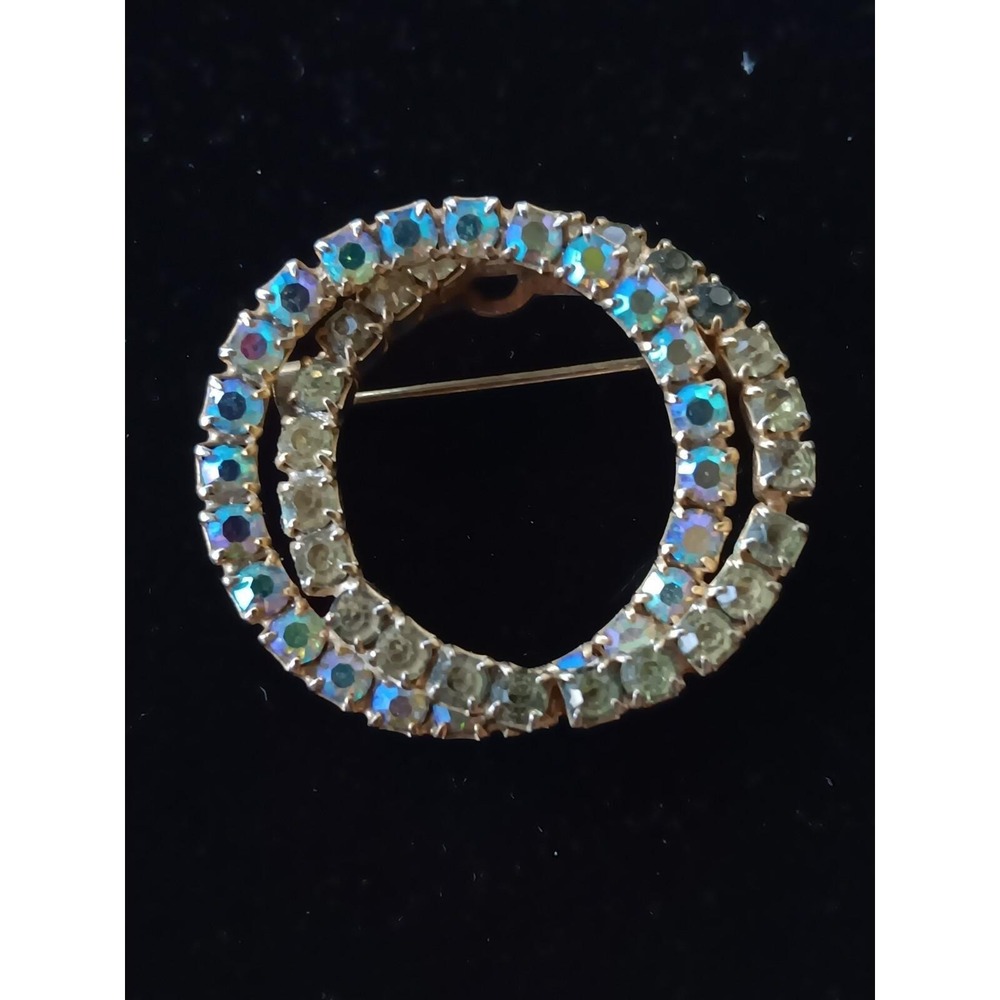 Vintage Classic Double Circle Pin Multicolored Aura Borealis & Grey Rhinestones